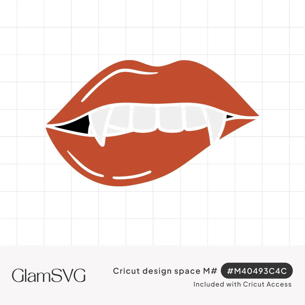 Illustration of glossy red lips slightly parted showing white teeth and two pointed vampire fangs