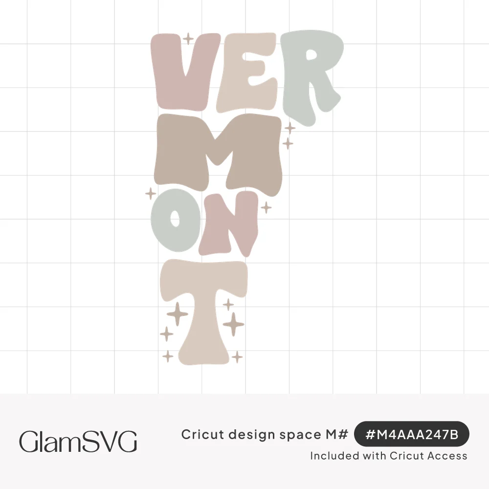Pastel groovy bubble letters spelling Vermont stacked in the shape of the state, with small sparkles around them