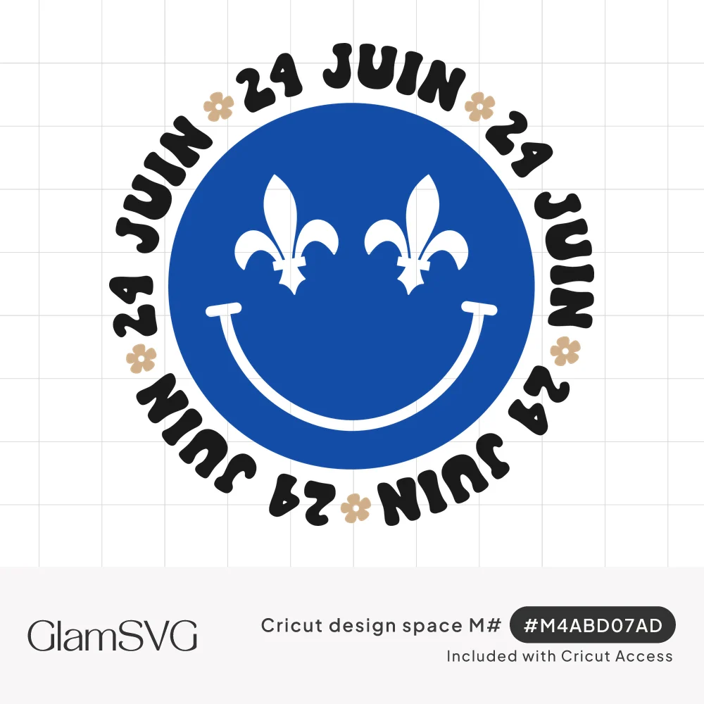 Blue smiley face with white fleur-de-lis eyes inside a circle of bold black 24 Juin lettering and small tan flowers