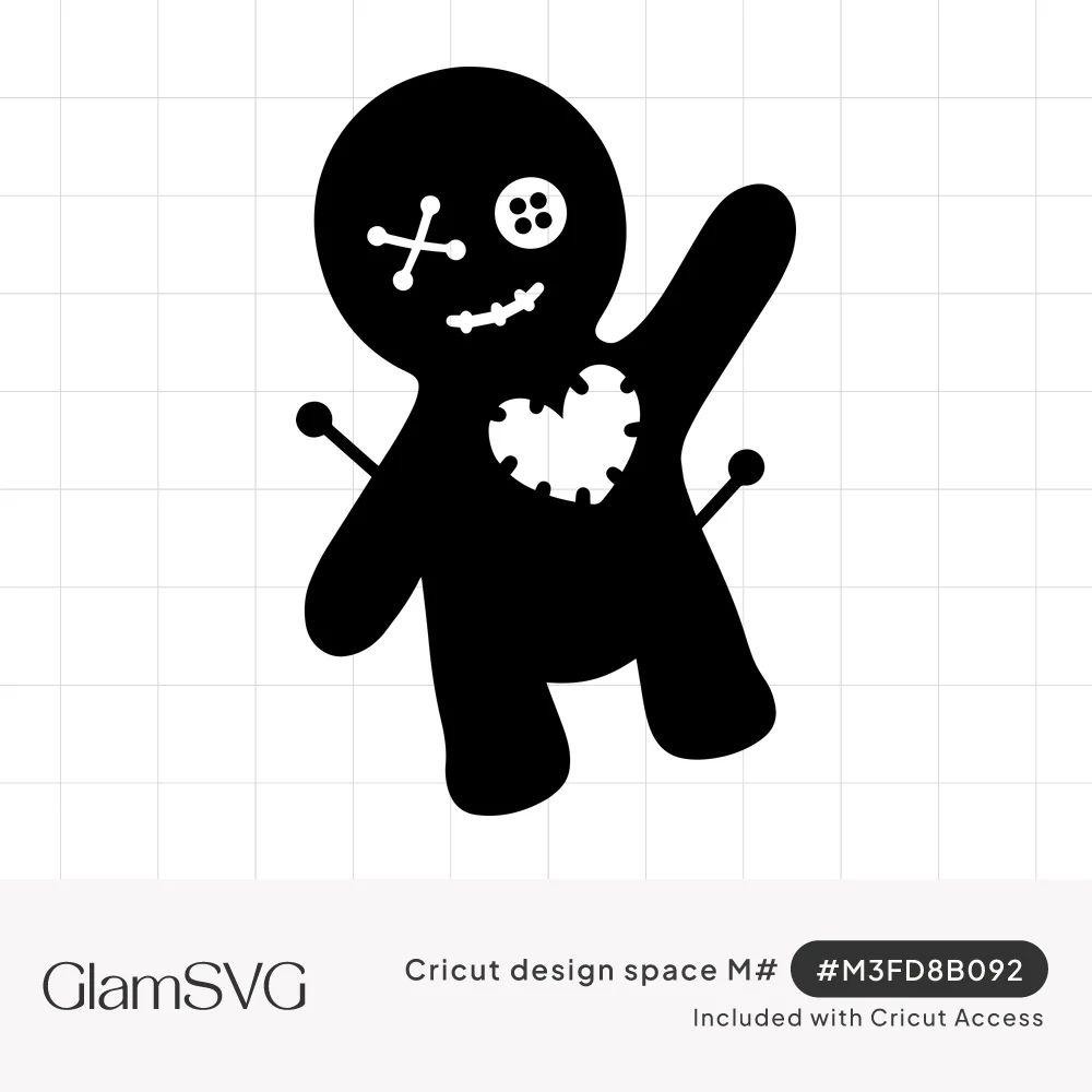Black silhouette of a waving voodoo doll with a button eye, X eye, stitched smile, patched heart and pins