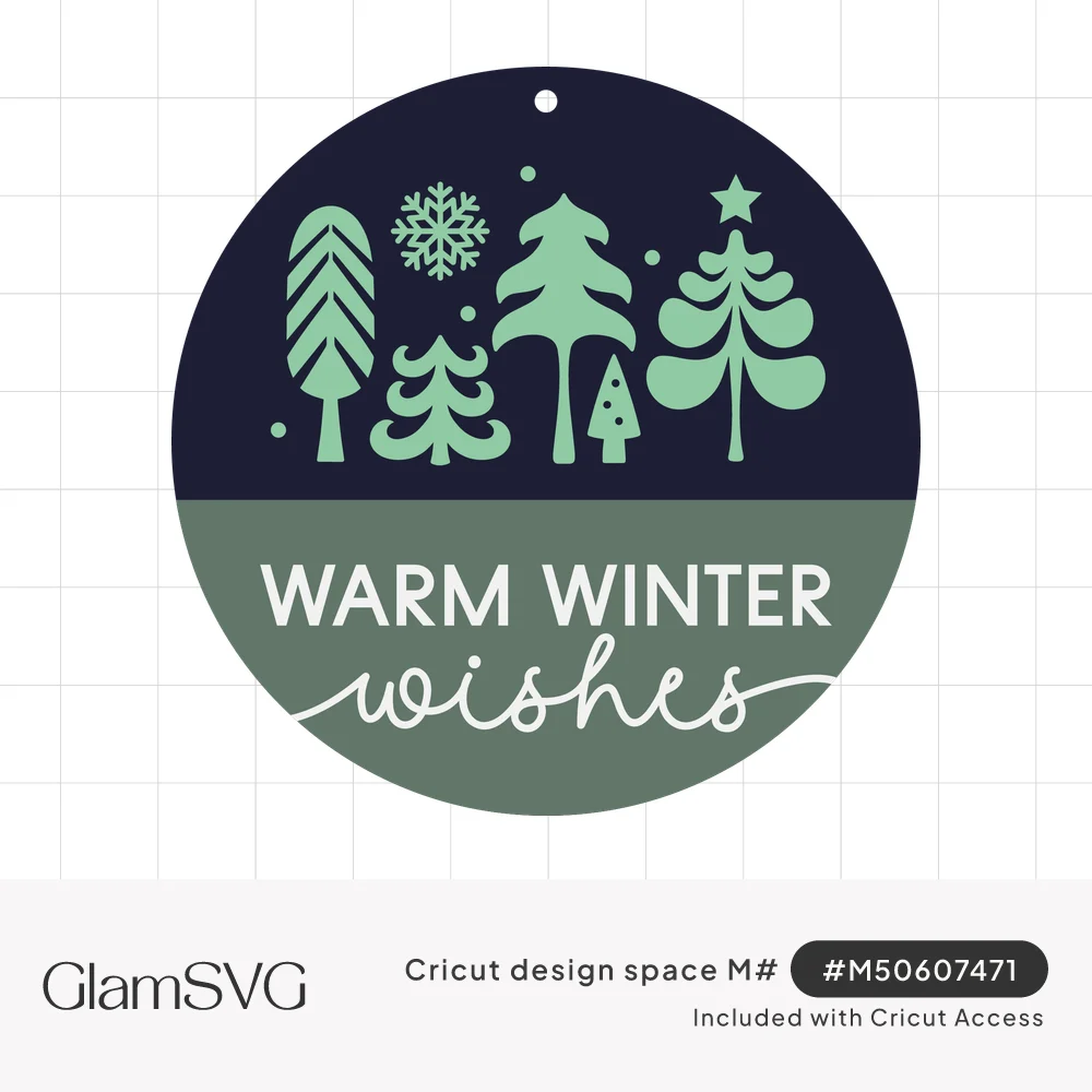 Round ornament with stylized evergreen trees and a snowflake above Warm Winter Wishes lettering in capitals and script