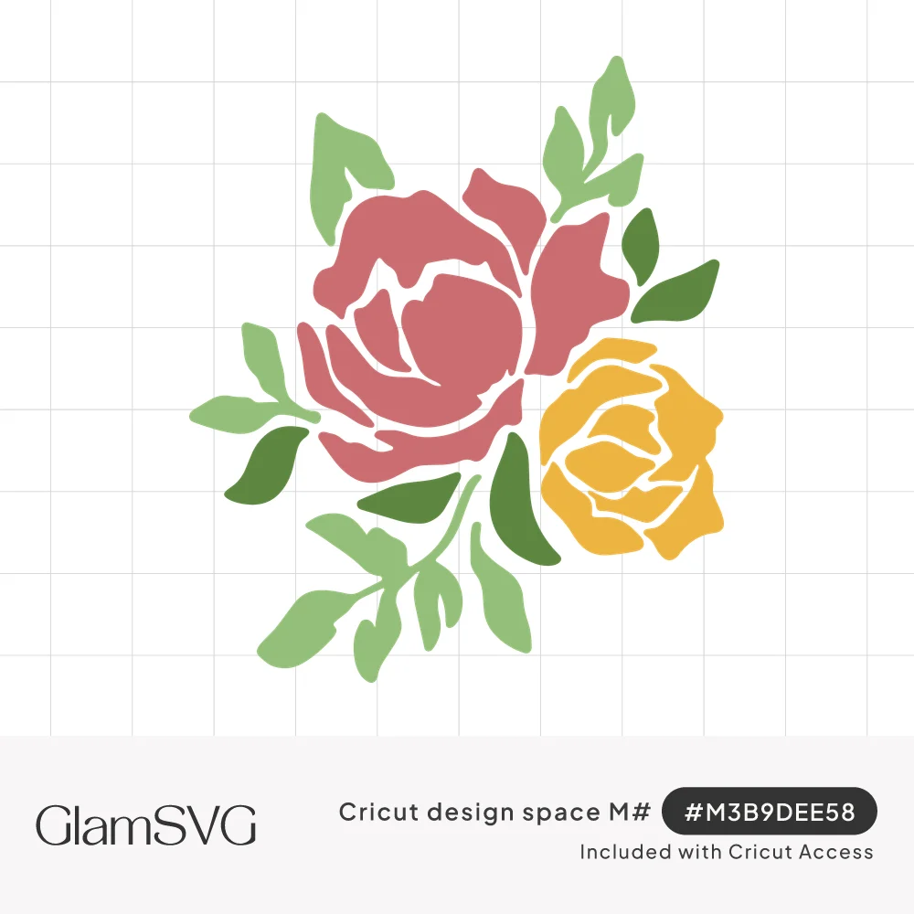 Layered illustration of a dusty pink rose and a golden yellow rose surrounded by light and dark green leaves