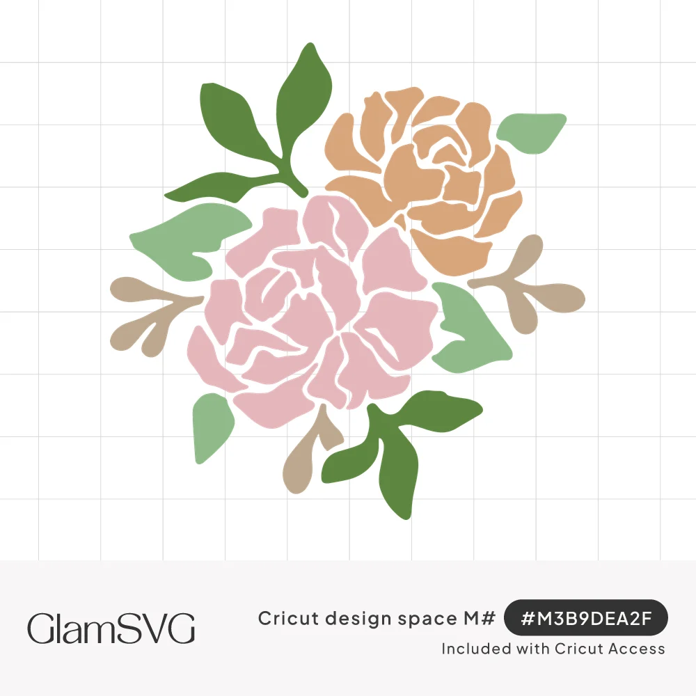 Layered floral bouquet of a blush pink peony and a peach peony with green leaves and tan sprigs