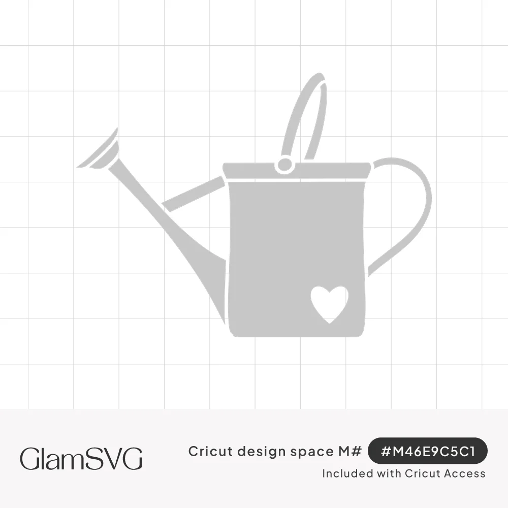 Gray silhouette of a garden watering can with a long spout, arched top handle and a small heart cutout on its side