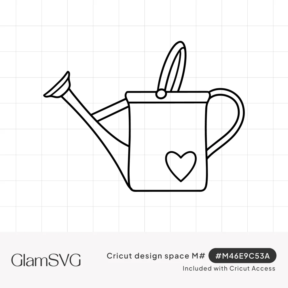 Black line drawing of a garden watering can with a long spout, top handle and a small heart on the front