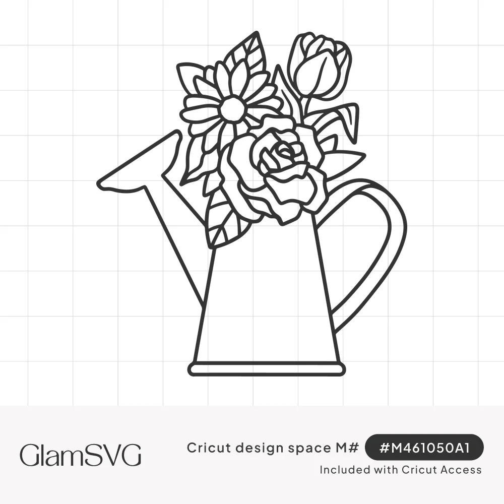 Line art of a watering can holding a bouquet of a rose, a daisy and a tulip with leaves