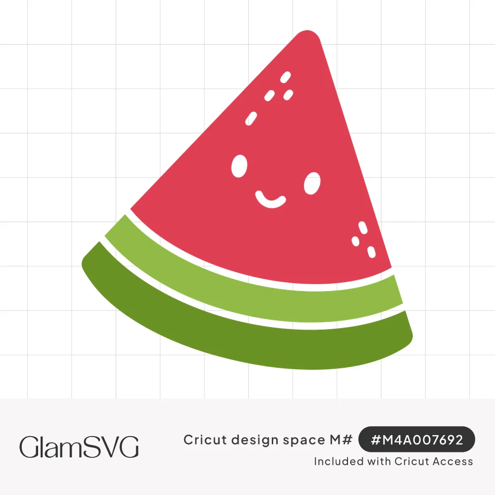 Cute red watermelon slice with a smiling face, white seed marks and a light and dark green rind
