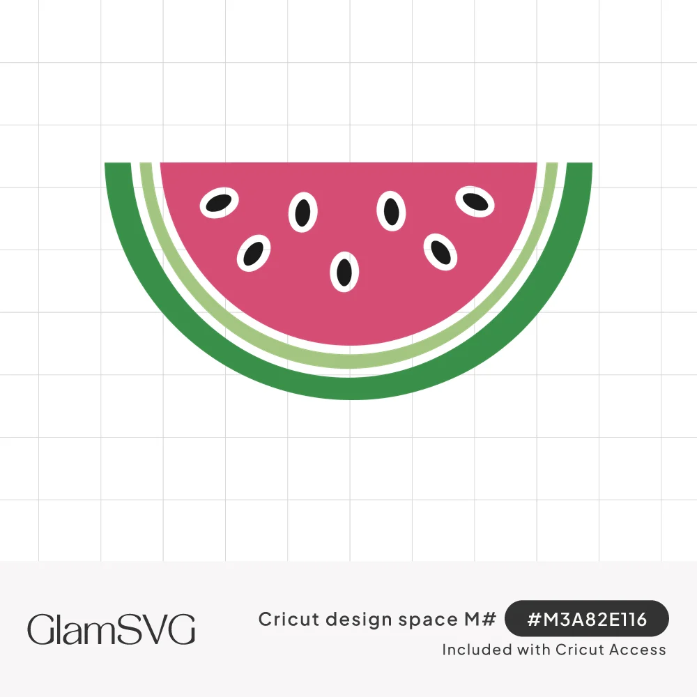Half-circle watermelon slice with pink flesh, black seeds and light and dark green rind bands