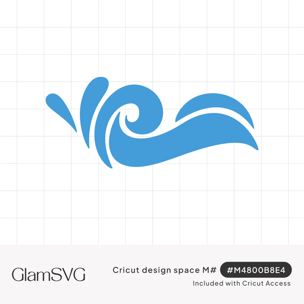 Blue stylized ocean wave curling into a spiral with teardrop splashes and a second smaller wave crest