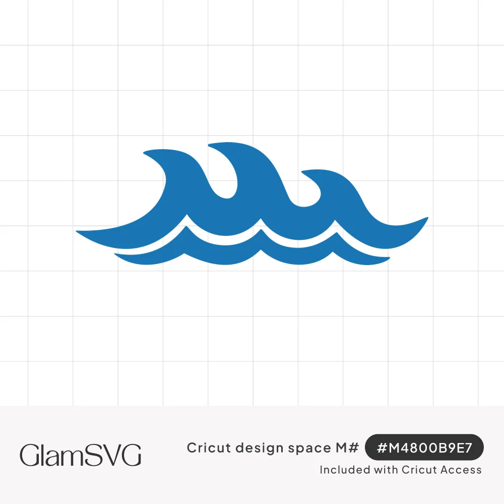 Blue silhouette of three curling ocean wave crests above a separate wavy swell line on a white background