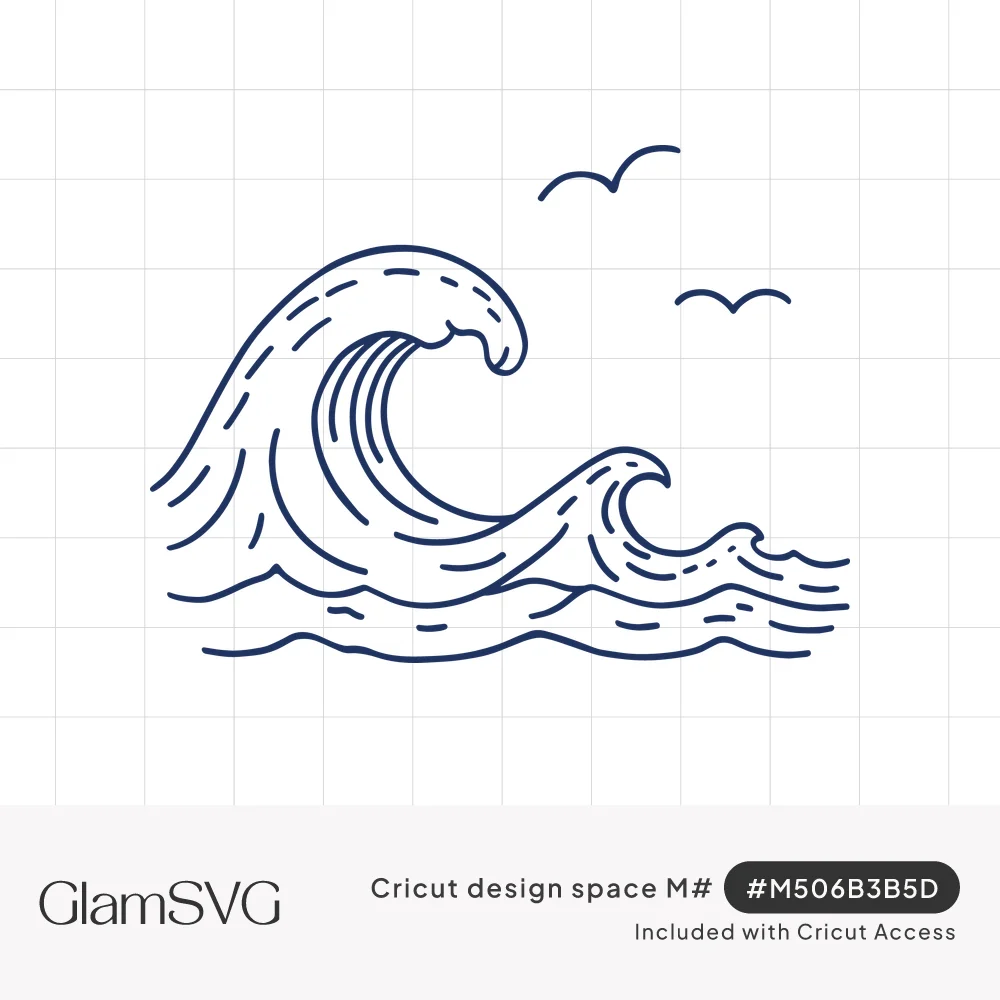 Navy line drawing of a large curling ocean wave with smaller waves and two seagulls flying above