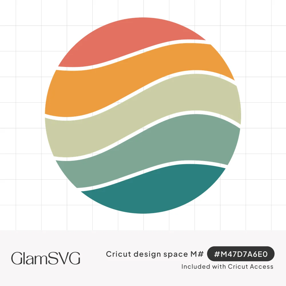 Circle filled with wavy horizontal stripes in coral, orange, sage, muted green and teal, separated by thin white lines