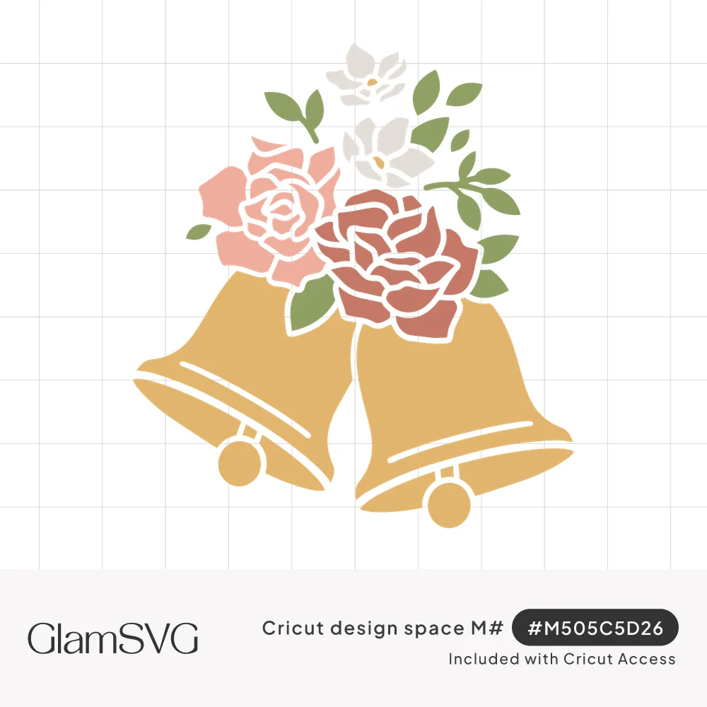 Two golden wedding bells crowned with pink and terracotta roses, white flowers, and green leaves