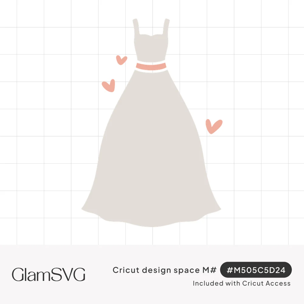 Ivory wedding gown with square neckline and pink waist sash, surrounded by three small pink hearts