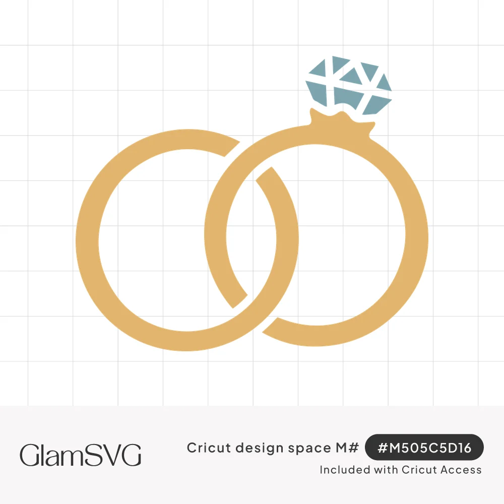 Two interlocking gold wedding rings, one with a faceted blue diamond on top