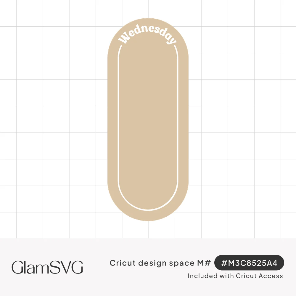 Tan rounded capsule label with Wednesday arched in white lettering at the top and a thin white inner border