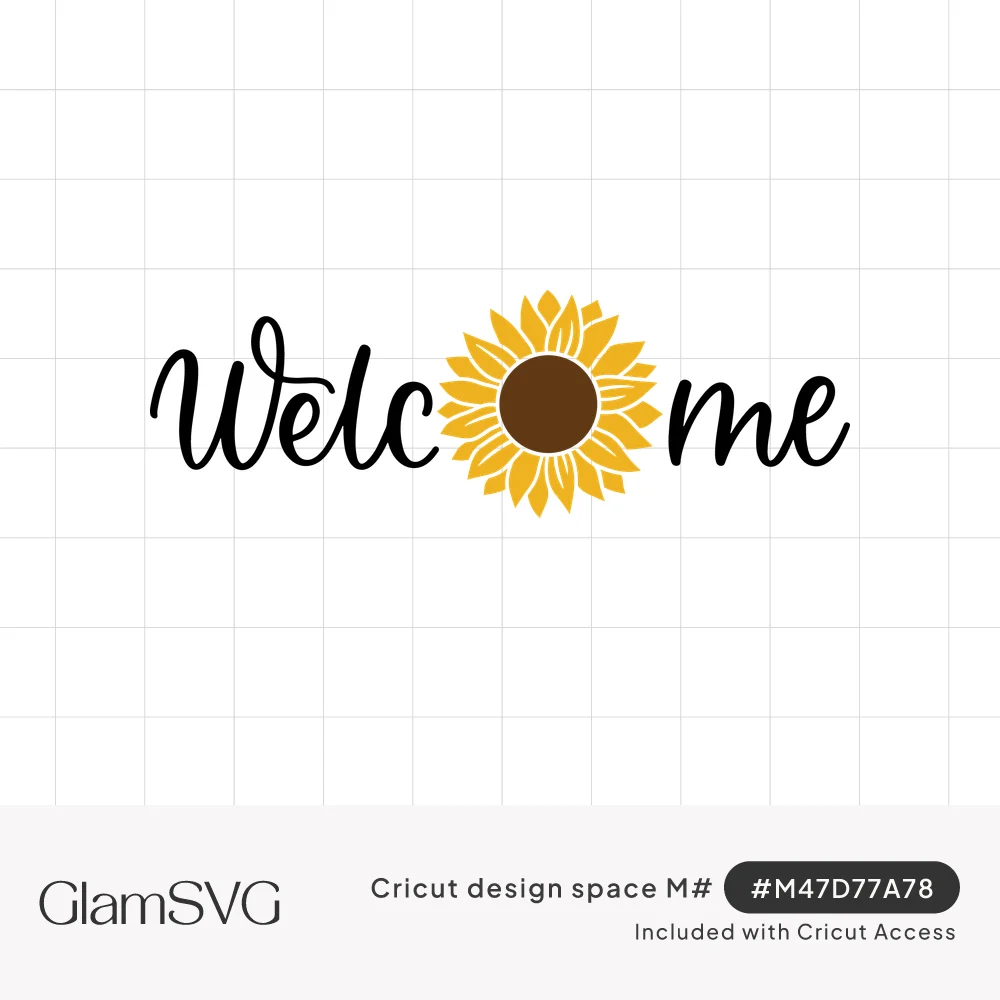 Black script word Welcome with a yellow sunflower with a brown center replacing the letter O