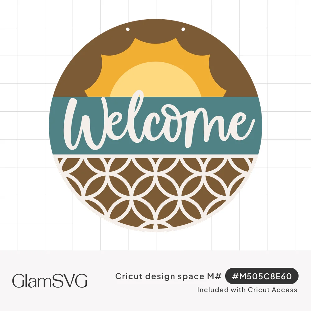 Round welcome door hanger with a golden rising sun, teal banner with white script Welcome, and a geometric circle lattice