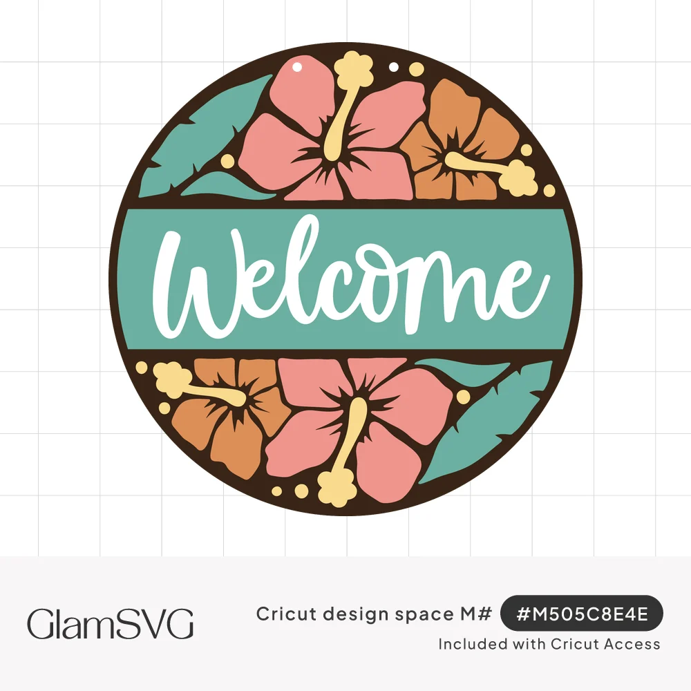 Round welcome sign with pink and orange hibiscus flowers, teal leaves and white script on a teal banner