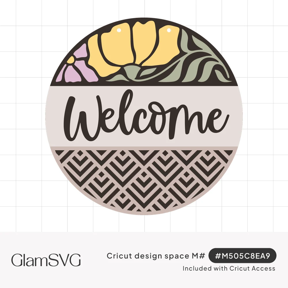 Round welcome sign with yellow and pink flowers on top, script Welcome in the middle, and a geometric pattern below