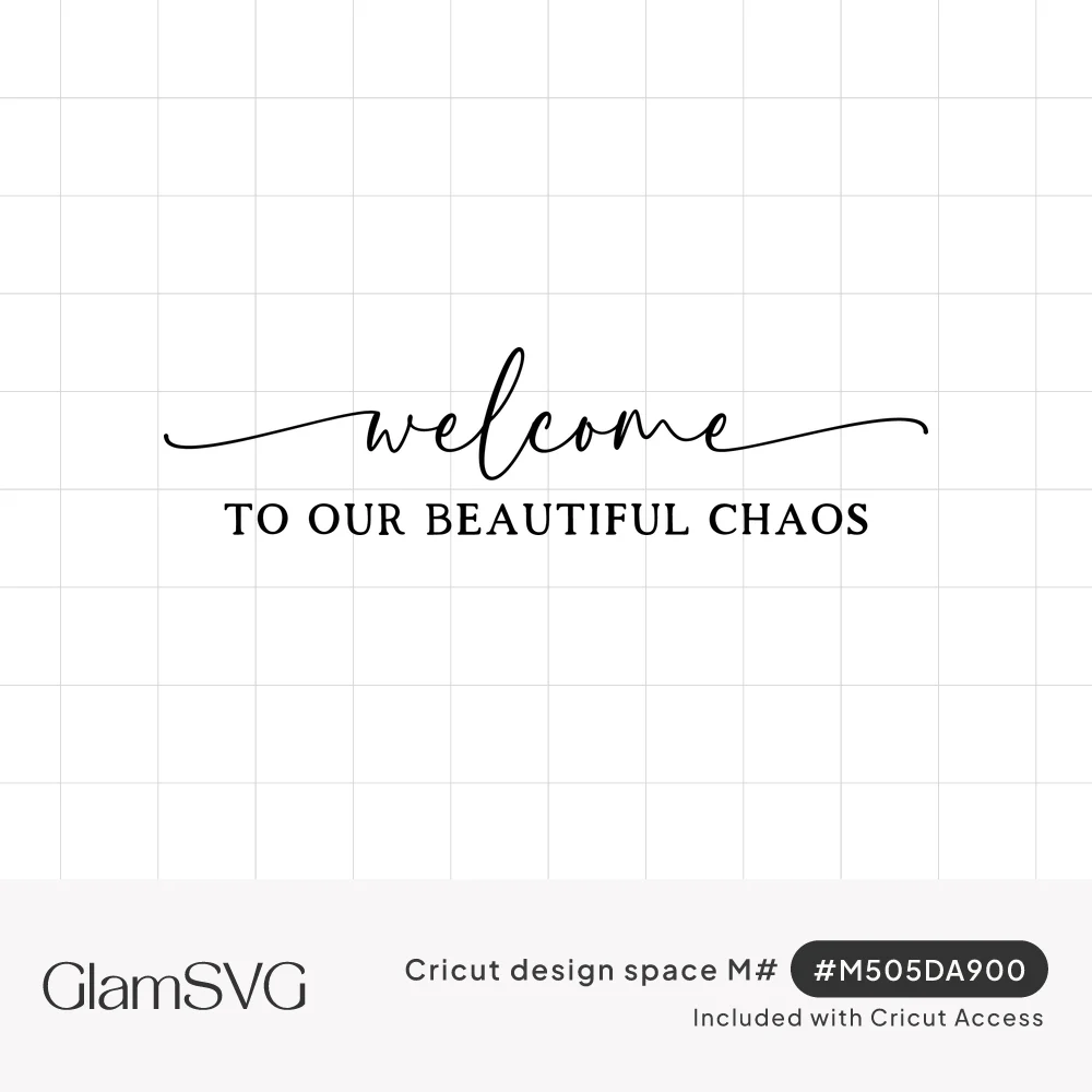 Black script word welcome with long swashes above serif capitals reading to our beautiful chaos on white