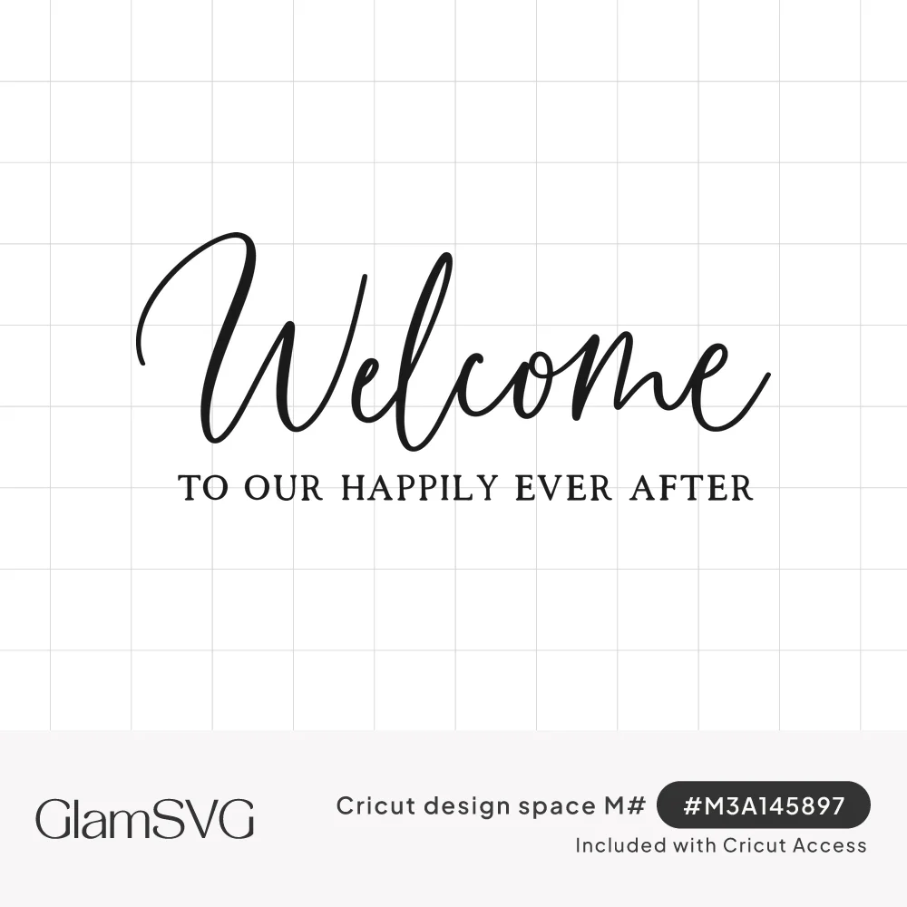 Black script Welcome lettering above serif capitals reading to our happily ever after on a white background