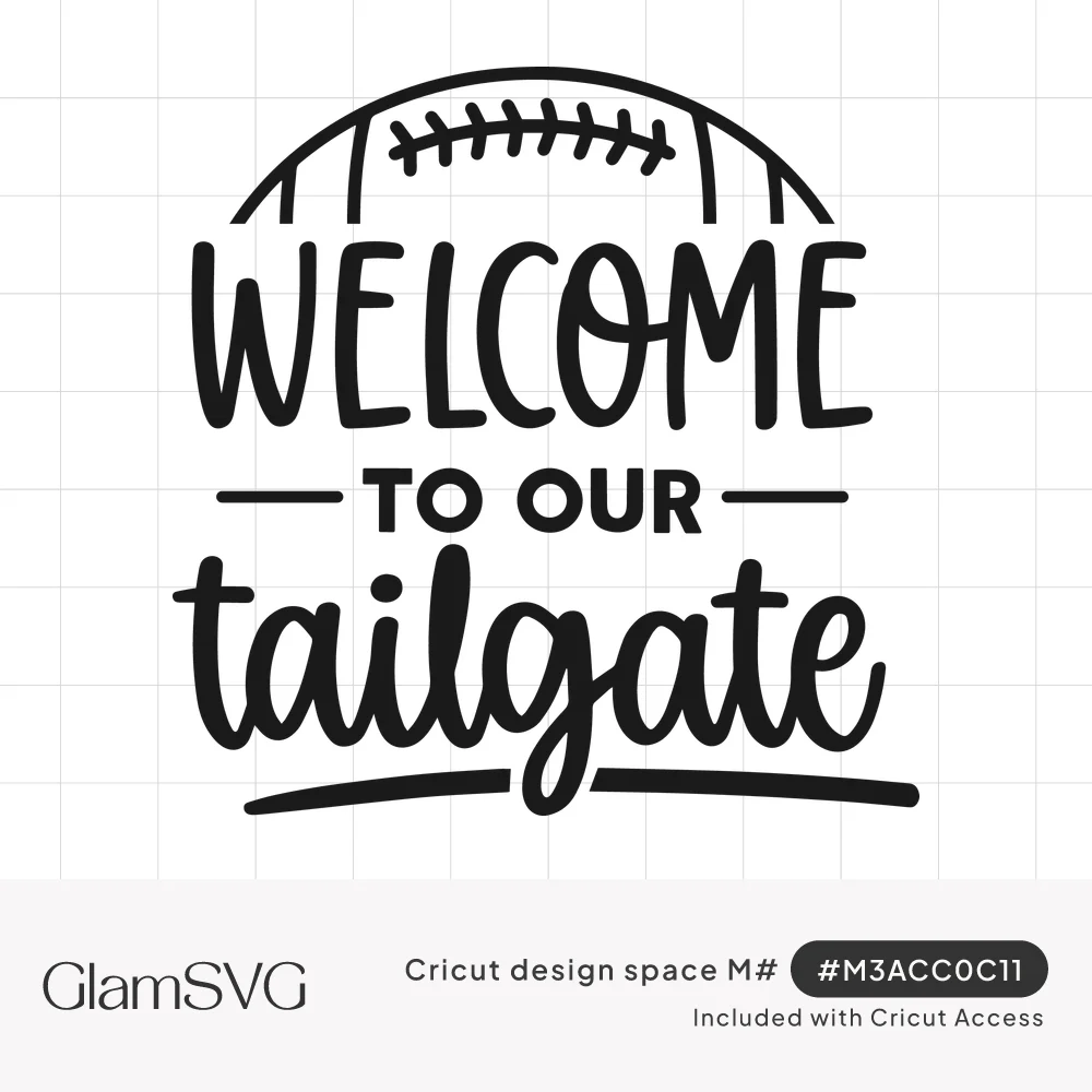 Black lettering reading Welcome to Our Tailgate beneath a half football outline with laces, script tailgate and swoosh