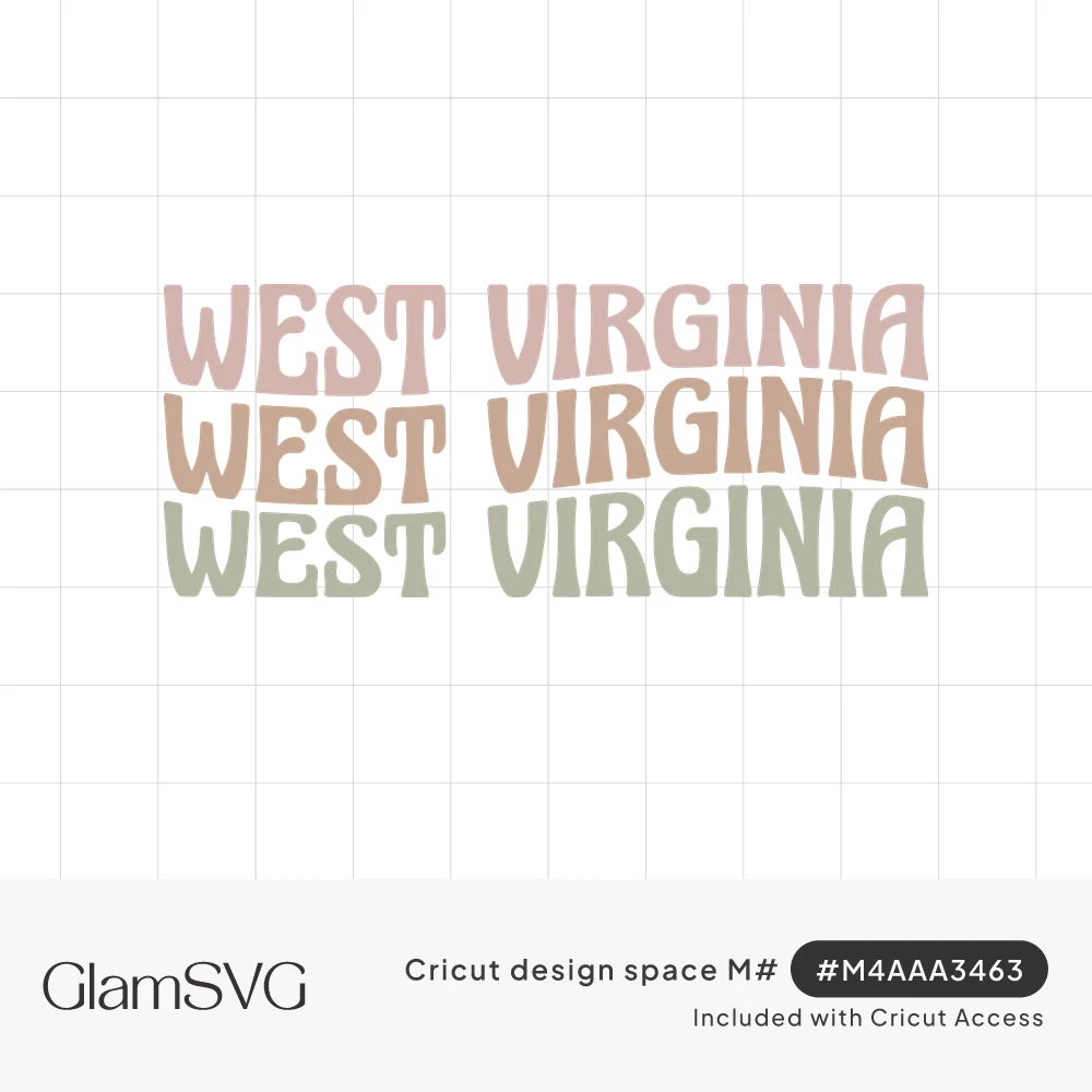Wavy retro lettering reading West Virginia repeated three times in dusty pink, caramel and sage green