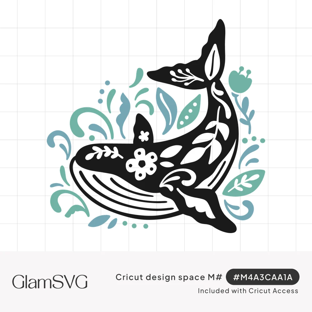 Black humpback whale silhouette with white flower and leaf cutouts, surrounded by teal, green and blue leaves and swirls