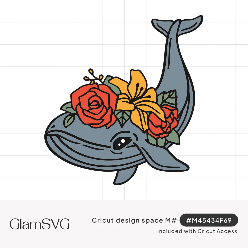 Gray whale with its tail curled up, wearing a crown of red roses, a yellow lily and green leaves on its head
