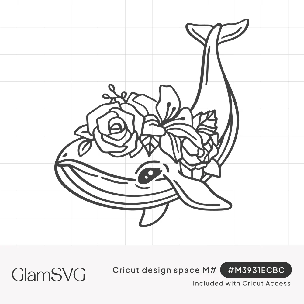 Line drawing of a smiling whale with its tail curled up, wearing a crown of roses, lilies and leaves on its head