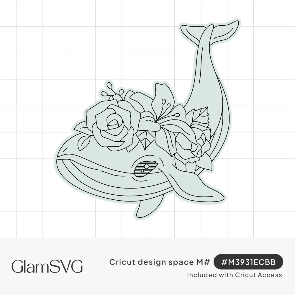 Line drawing of a whale curving its tail upward, wearing a crown of roses, lilies and leaves on its head