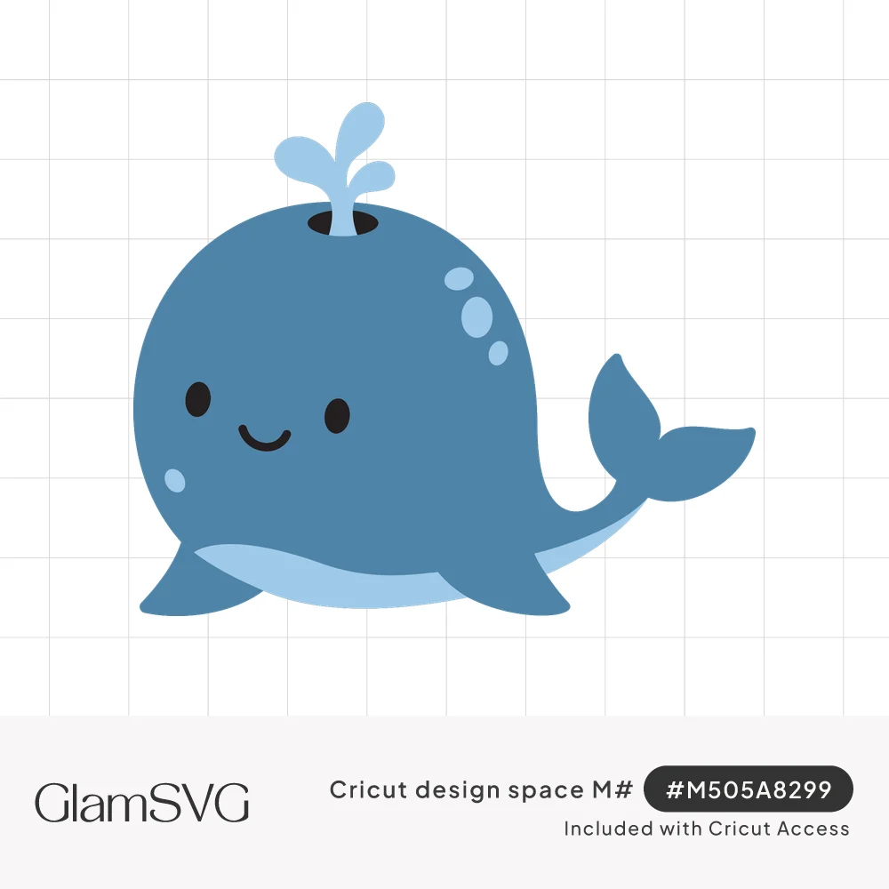 Cute round blue whale with a smiling face, light blue belly, curled tail and a water spout on top