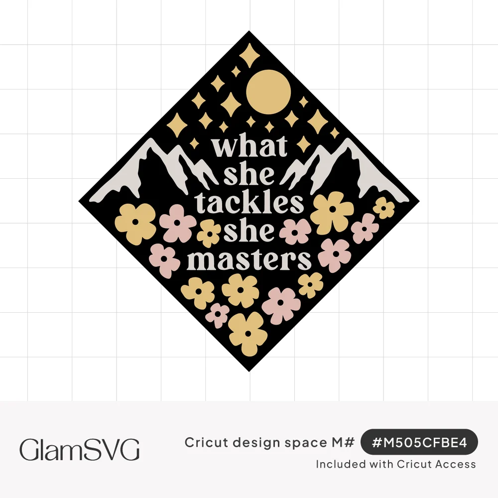 Diamond grad cap design with moon, stars, mountains and pink and gold flowers around what she tackles she masters