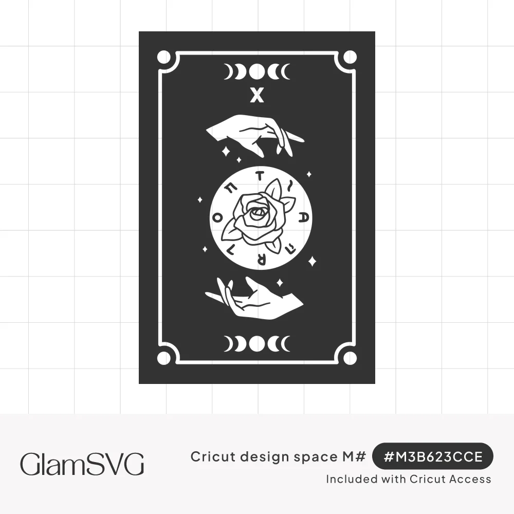 Dark tarot card with white moon phases, Roman numeral X, two reaching hands and a rose inside a lettered wheel