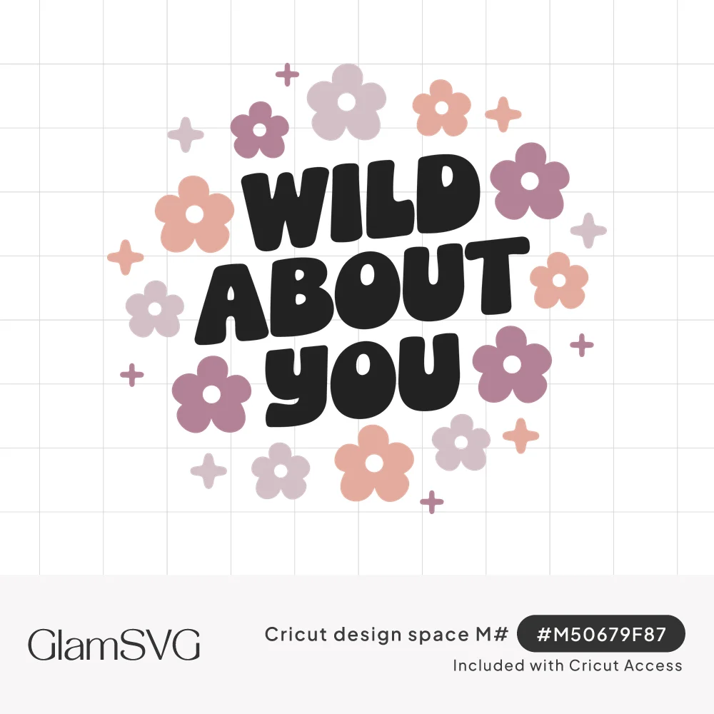 Black bubble letters reading Wild About You surrounded by pink, peach and mauve retro daisies and small sparkles
