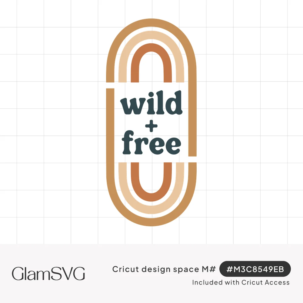 The words wild + free in dark rounded lettering inside a capsule of nested mustard, peach and terracotta rainbow arches