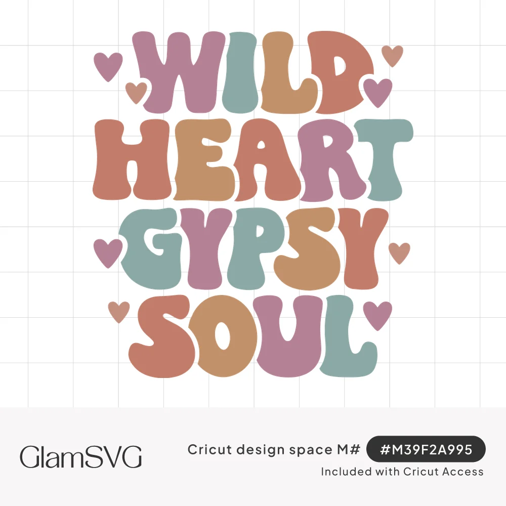 Wild Heart Gypsy Soul in chunky groovy pastel bubble letters with small pink and peach hearts scattered around