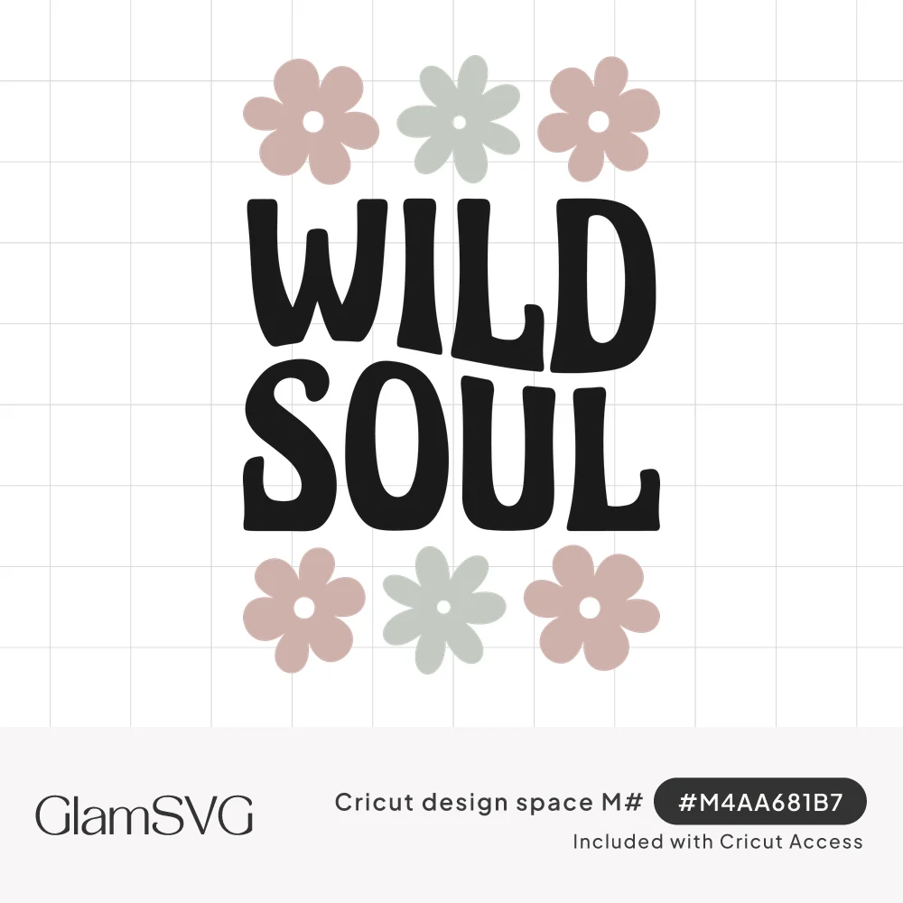 Black groovy text reading Wild Soul between two rows of pastel pink and sage green daisy flowers