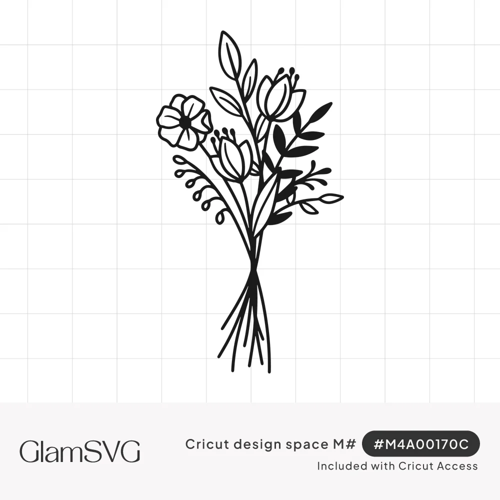 Black line art bouquet of wildflowers with tulip buds, an open bloom, curling sprigs and leaves on loose gathered stems