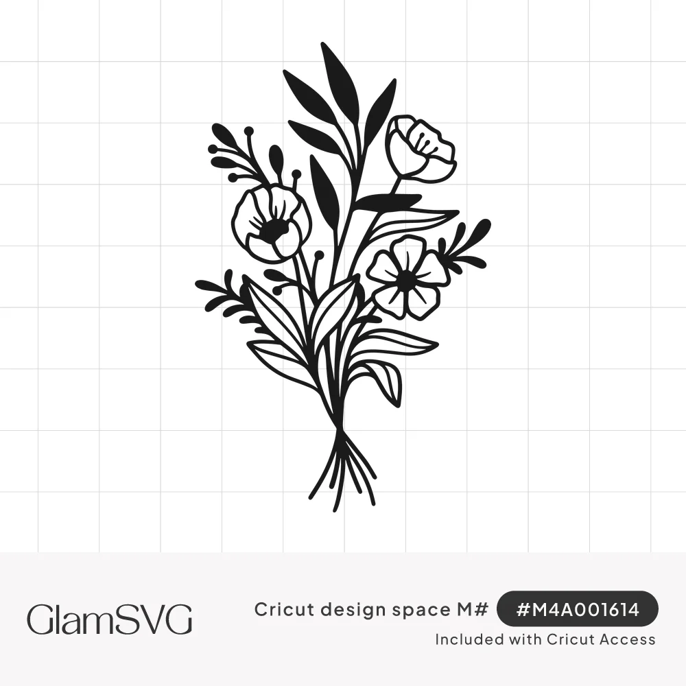 Black line art bouquet of three wildflowers with slender leaves and berry sprigs, stems gathered at the base