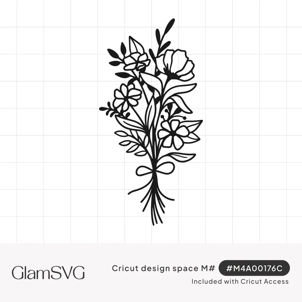 Black line art bouquet of wildflowers, poppies, daisies and leafy stems tied together with a small bow