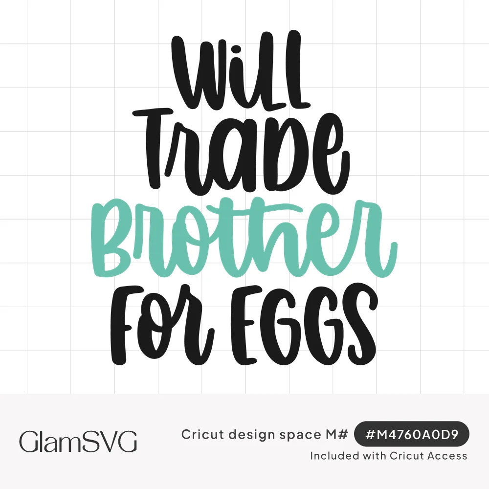 Hand-lettered text reading Will Trade Brother for Eggs in black with the word brother in aqua script