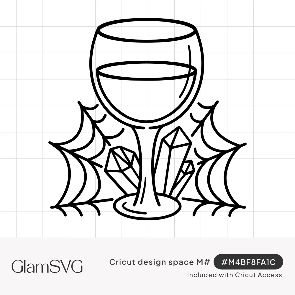 Black line drawing of a wine glass with spiderwebs on both sides and crystal clusters around the stem