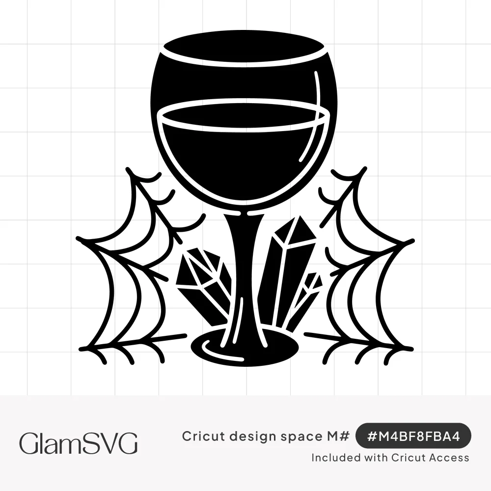 Black silhouette of a wine glass with crystals at its base and spiderwebs on both sides