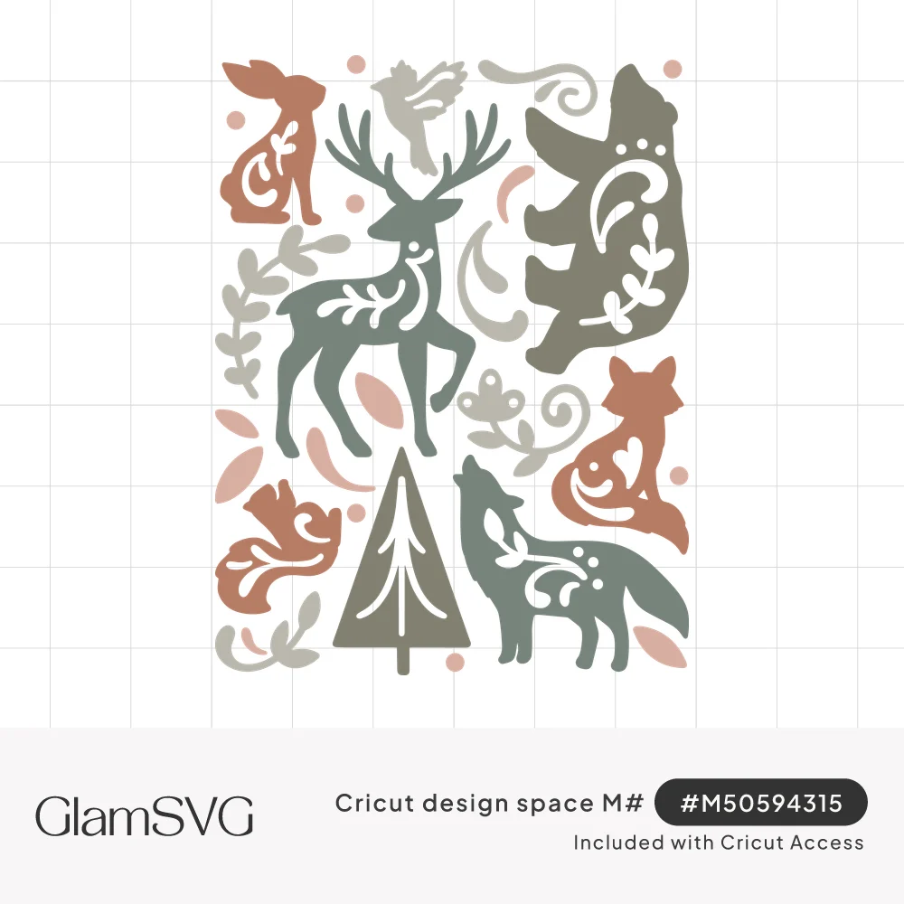 Folk-style woodland animals including a deer, bear, fox, wolf, hare, squirrel and pine tree with swirl cutouts and leaves