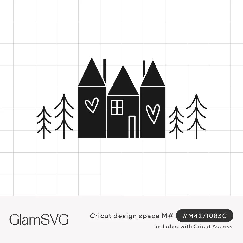 Three black peaked-roof houses with heart and window cutouts between thin line-drawn pine trees