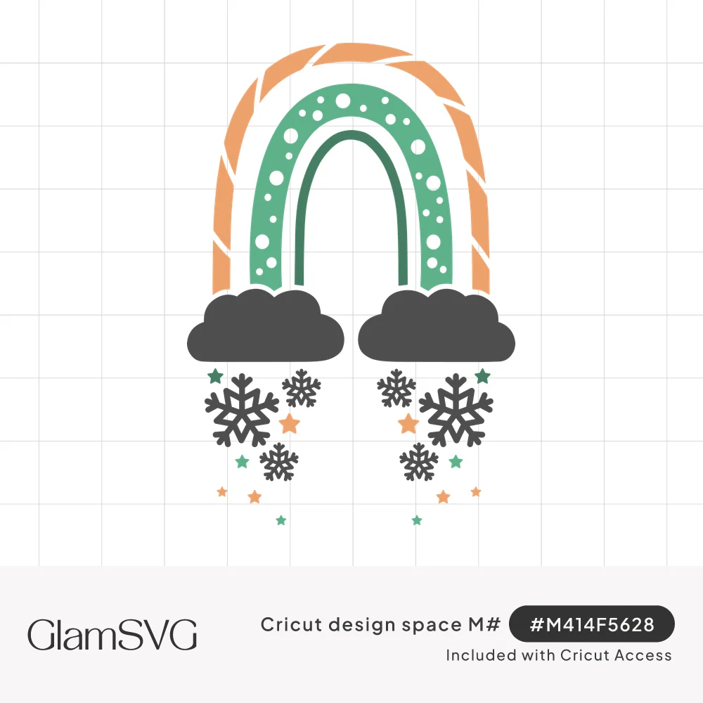 Boho rainbow in peach and green arching over two dark clouds with snowflakes and small stars falling below