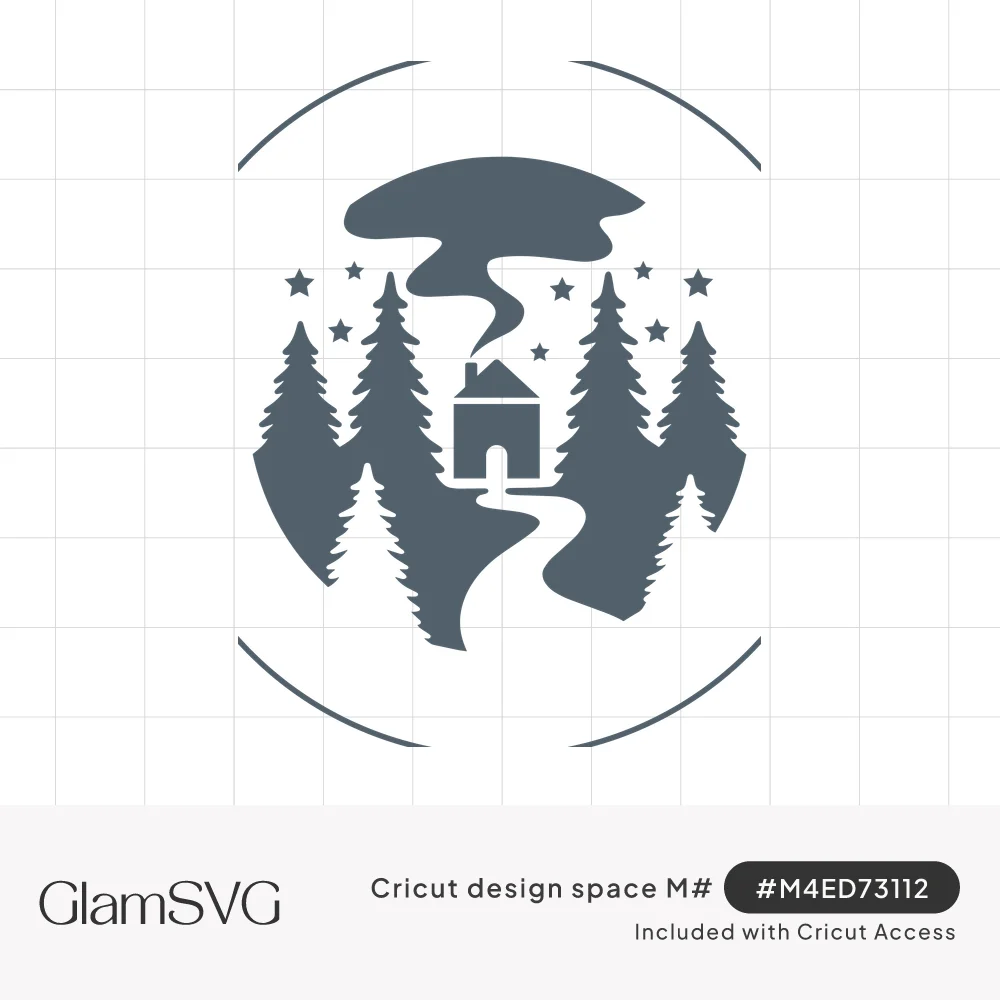 Round silhouette of a small cabin among pine trees with curling chimney smoke, stars and a winding path