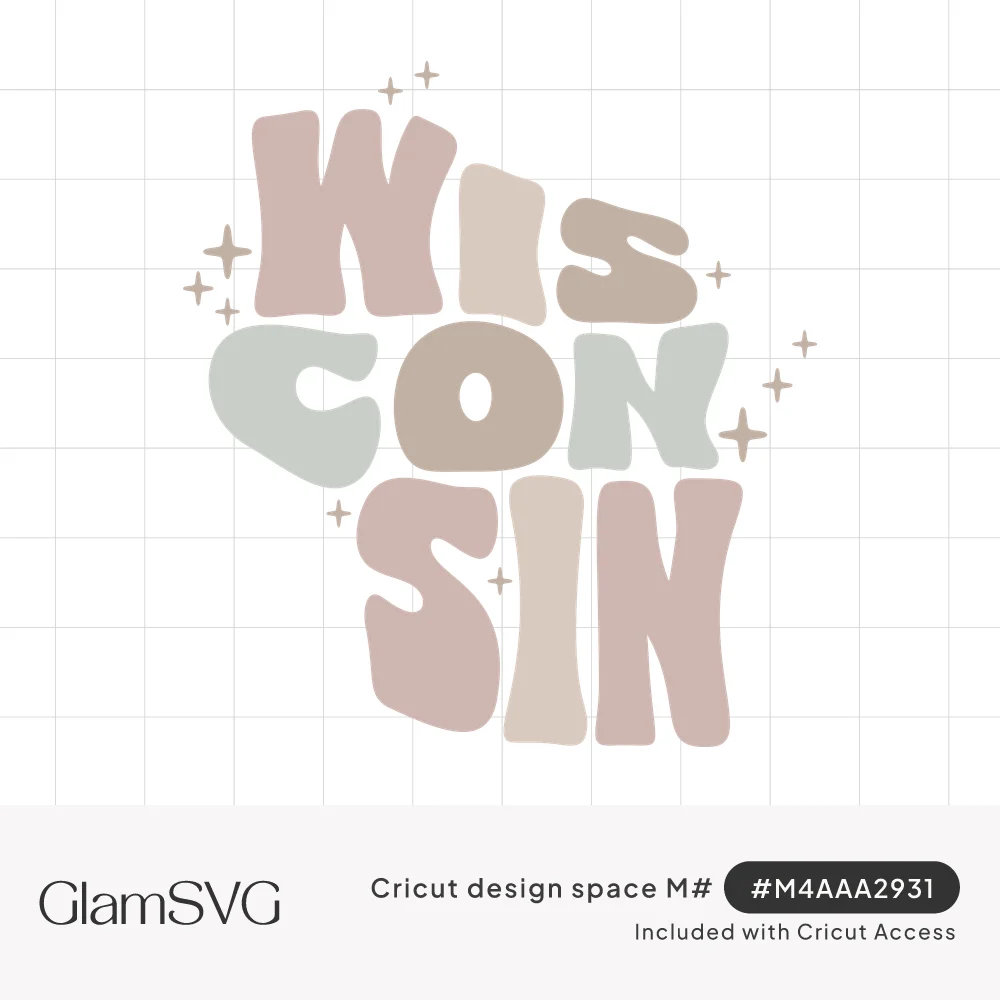 Groovy bubble letters reading WIS CON SIN in blush, sage and taupe shaped like Wisconsin, with small sparkles around